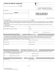 Document preview: Form AOC-CV-203 Order of Seizure in Claim and Delivery - North Carolina