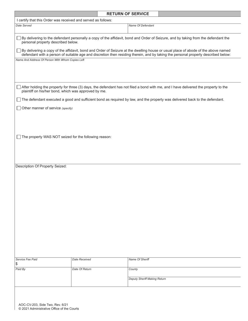 Form AOC-CV-203 Order of Seizure in Claim and Delivery - North Carolina, Page 2
