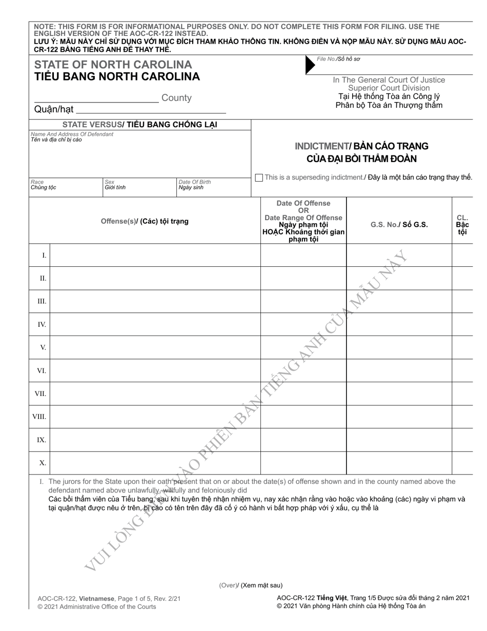 Form AOC-CR-122 Indictment - North Carolina (English / Vietnamese), Page 1