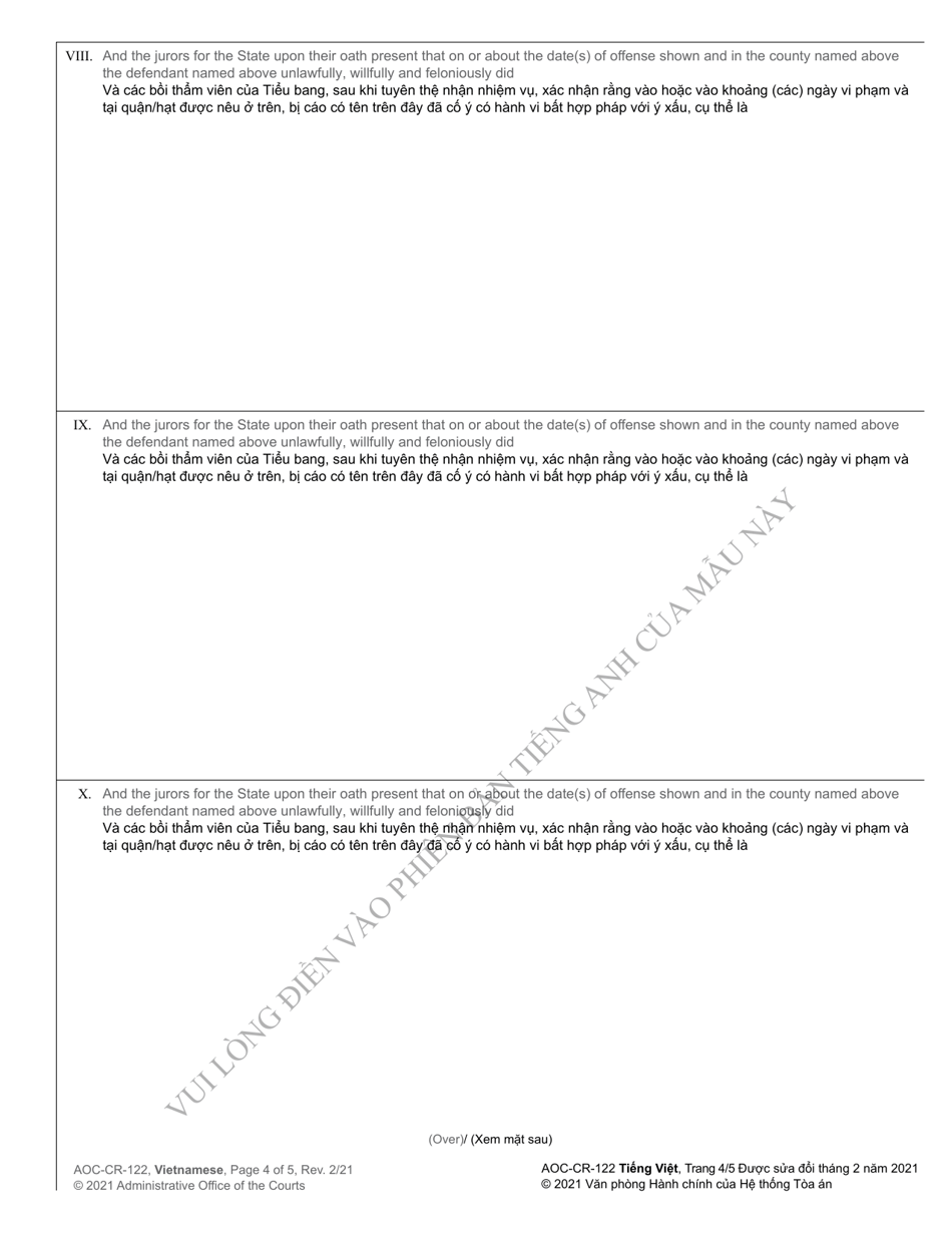 Form AOC-CR-122 Indictment - North Carolina (English / Vietnamese), Page 4