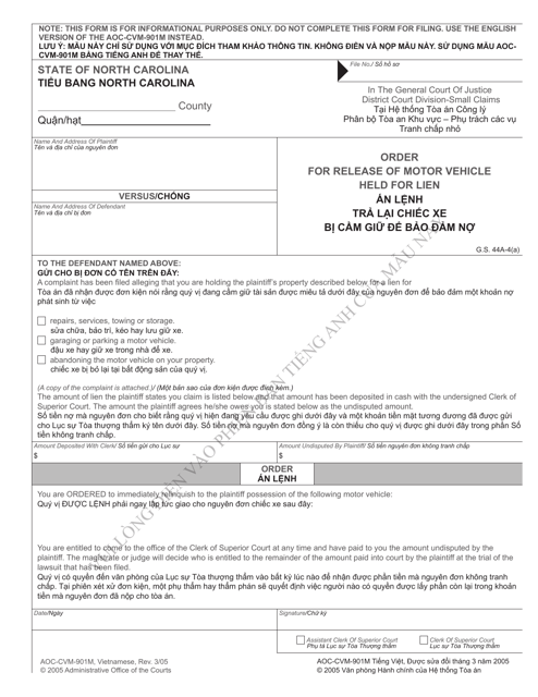 Form AOC-CVM-901M Order for Release of Motor Vehicle Held for Lien - North Carolina (English/Vietnamese)