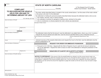 Form AOC-CVM-900 &quot;Complaint to Recover Motor Vehicle Held for Lien and to Determine Amount of Lien&quot; - North Carolina