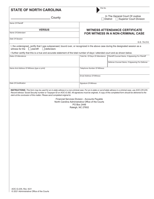 Form AOC-G-235 Witness Attendance Certificate for Witness in a Non-criminal Case - North Carolina