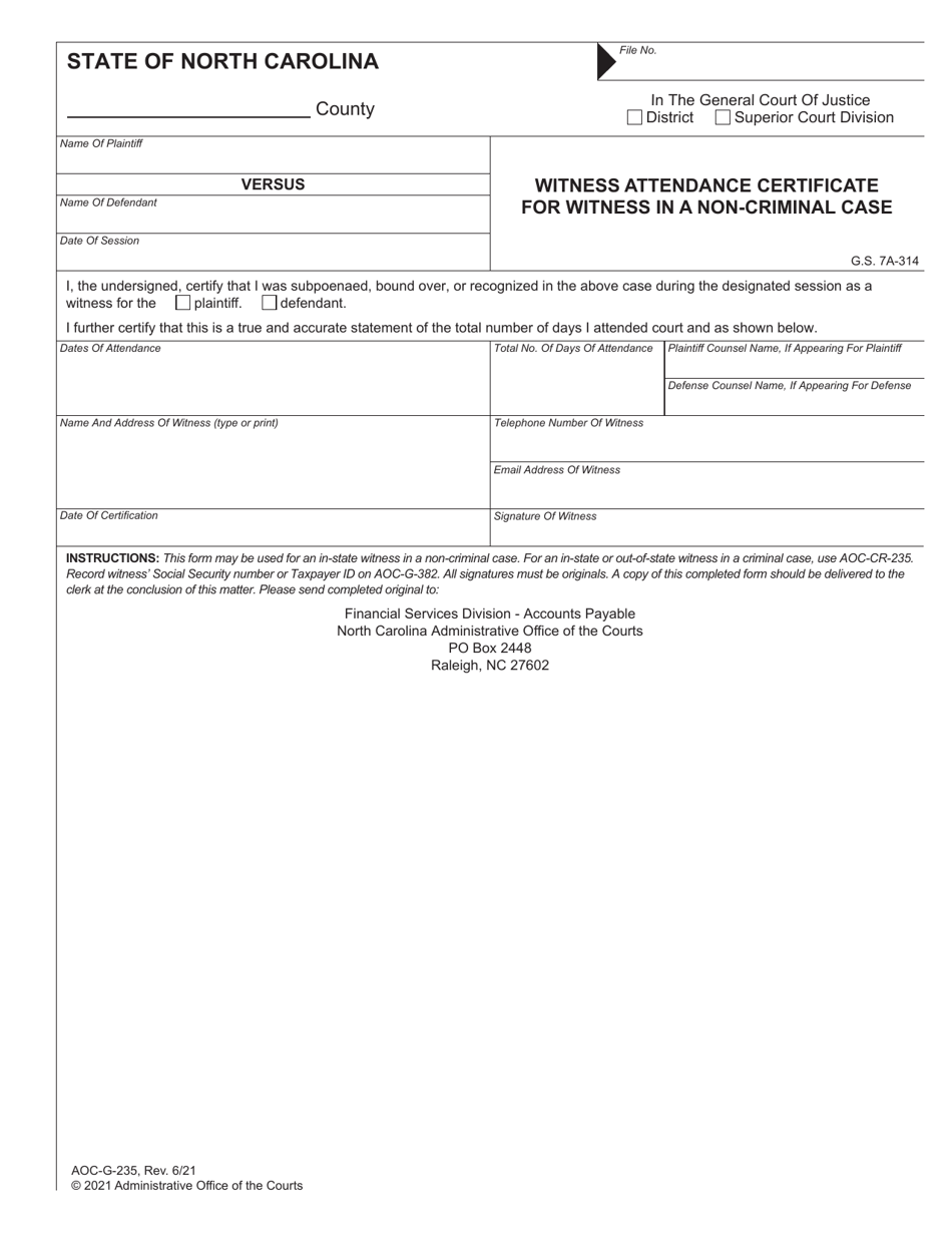 Form AOC-G-235 Witness Attendance Certificate for Witness in a Non-criminal Case - North Carolina, Page 1