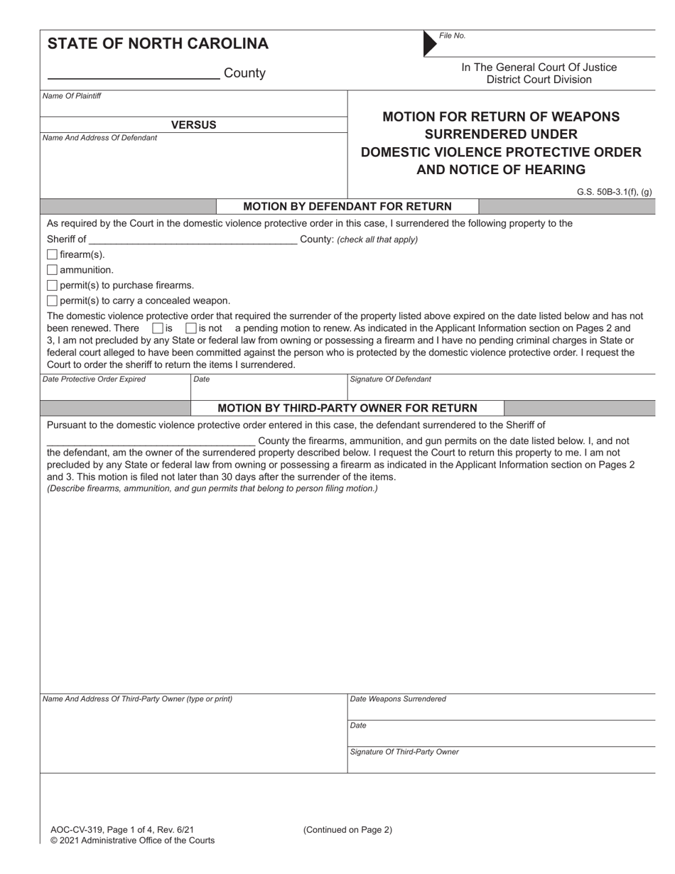 Form AOC-CV-319 Motion for Return of Weapons Surrendered Under Domestic Violence Protective Order and Notice of Hearing - North Carolina, Page 1