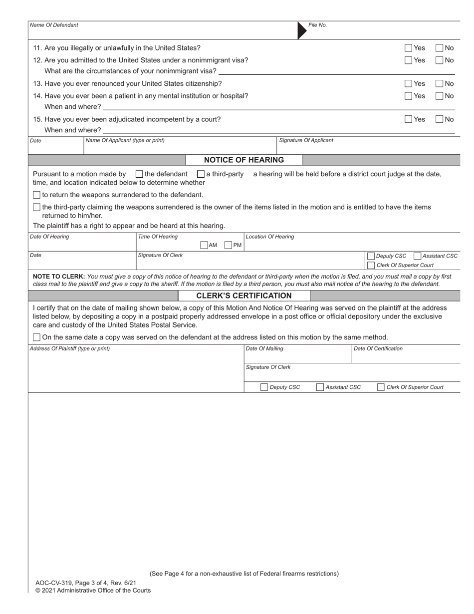 Form AOC-CV-319 Motion for Return of Weapons Surrendered Under Domestic Violence Protective Order and Notice of Hearing - North Carolina, Page 3