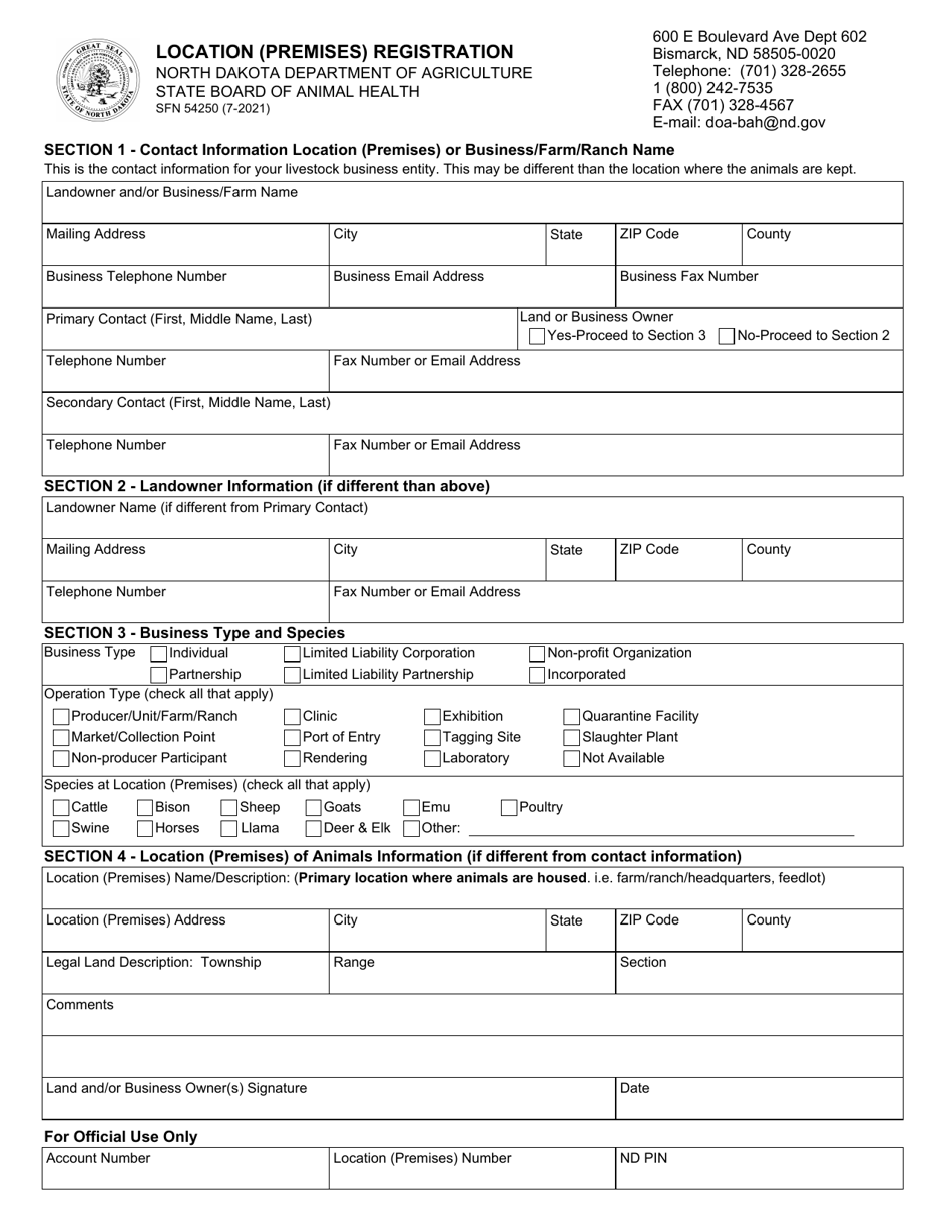 Form SFN54250 Location (Premises) Registration - North Dakota, Page 1