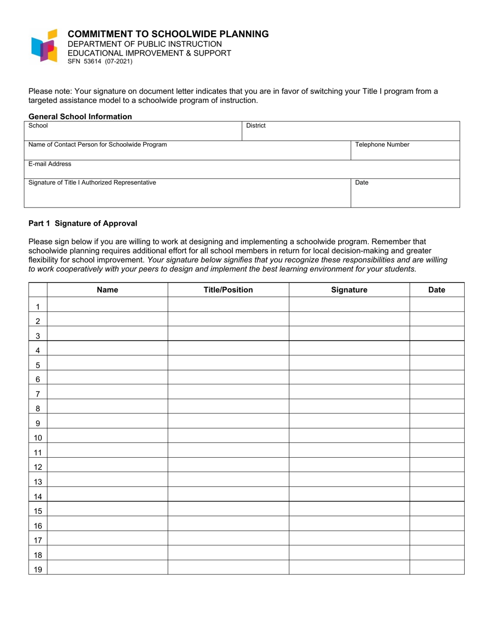 Form SFN53614 Commitment to Schoolwide Planning - North Dakota, Page 1