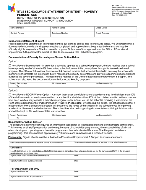 Form SFN61046 Title I Schoolwide Statement of Intent - Poverty Percentage - North Dakota