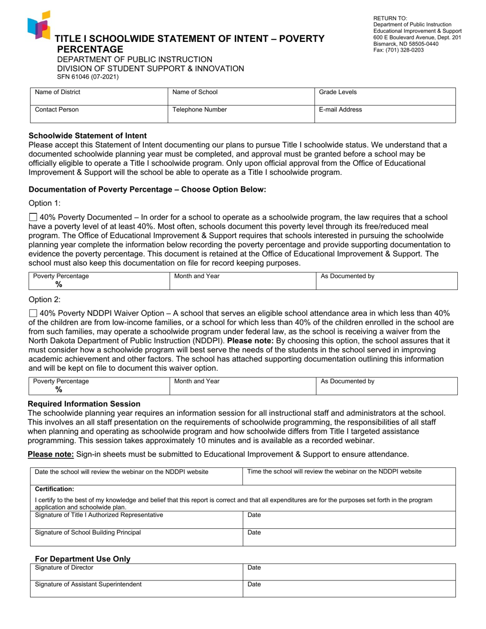 Form SFN61046 Title I Schoolwide Statement of Intent - Poverty Percentage - North Dakota, Page 1