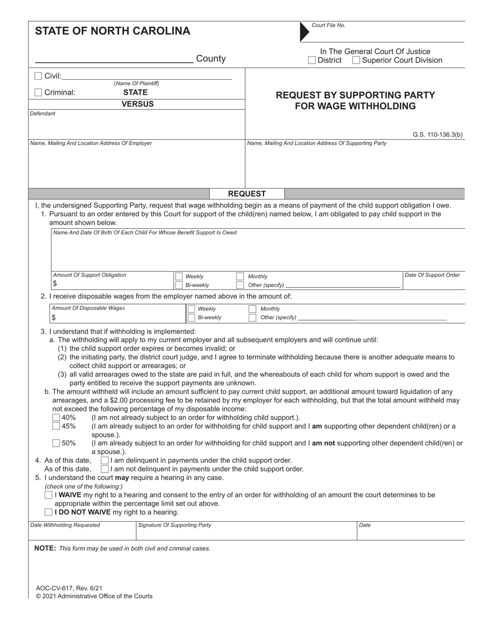 Form AOC-CV-617 Request by Supporting Party for Wage Withholding - North Carolina, Page 1
