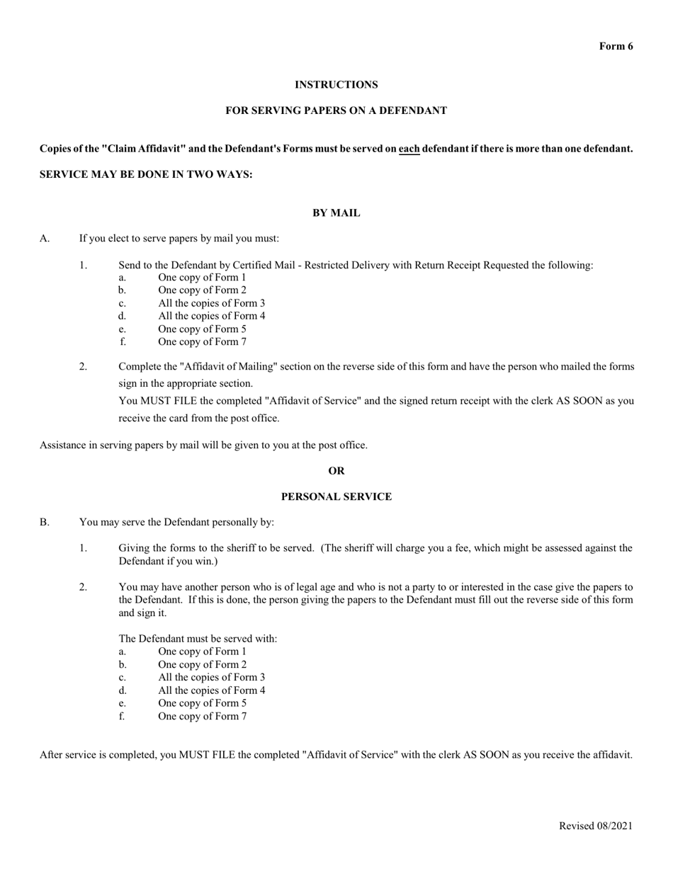 Form 6 Download Fillable Pdf Or Fill Online Affidavit Of Mailingpersonal Service Plaintiffs 4373