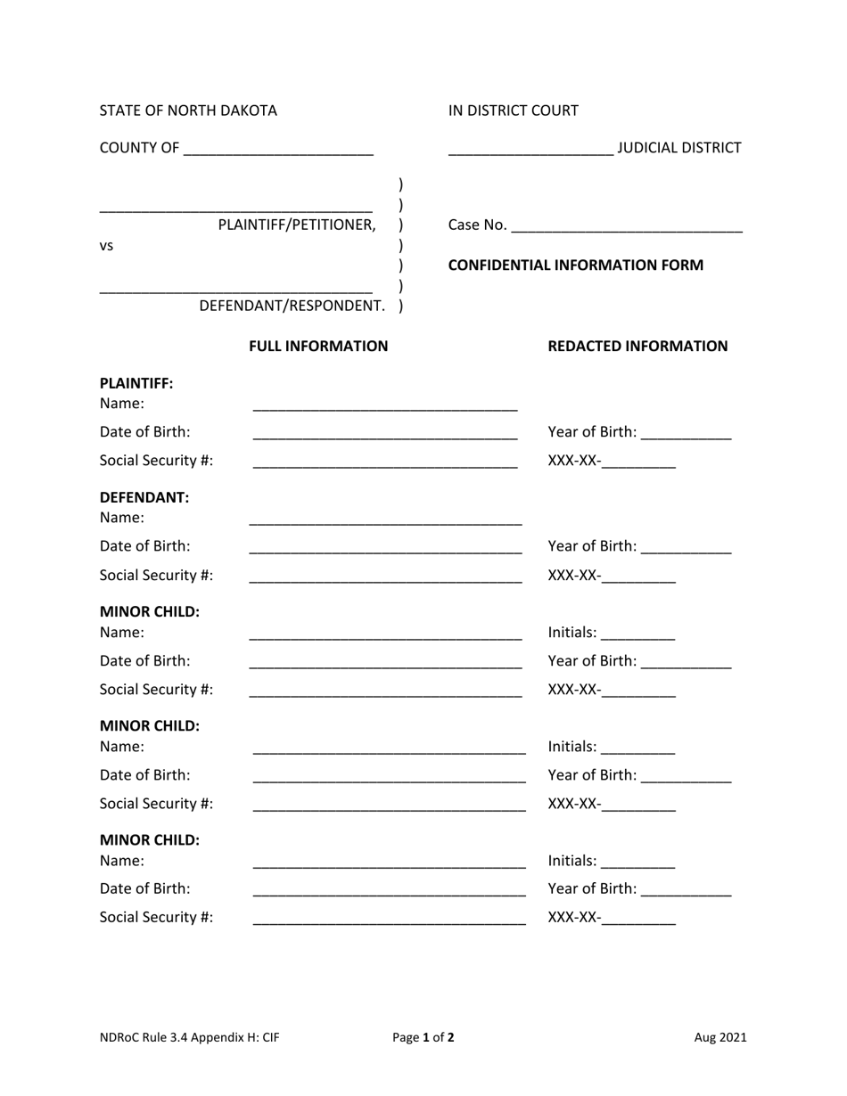Appendix H Confidential Information Form - North Dakota, Page 1