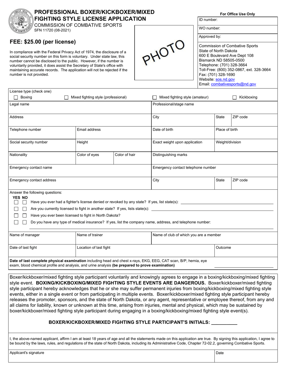 Form SFN11720 Professional Boxer / Kickboxer / Mixed Fighting Style License Application - North Dakota, Page 1
