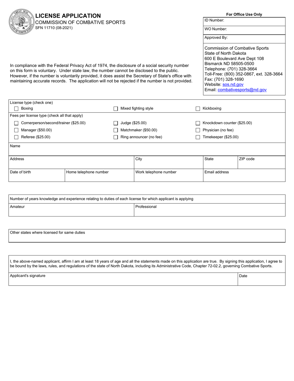 Form SFN11710 License Application - North Dakota, Page 1