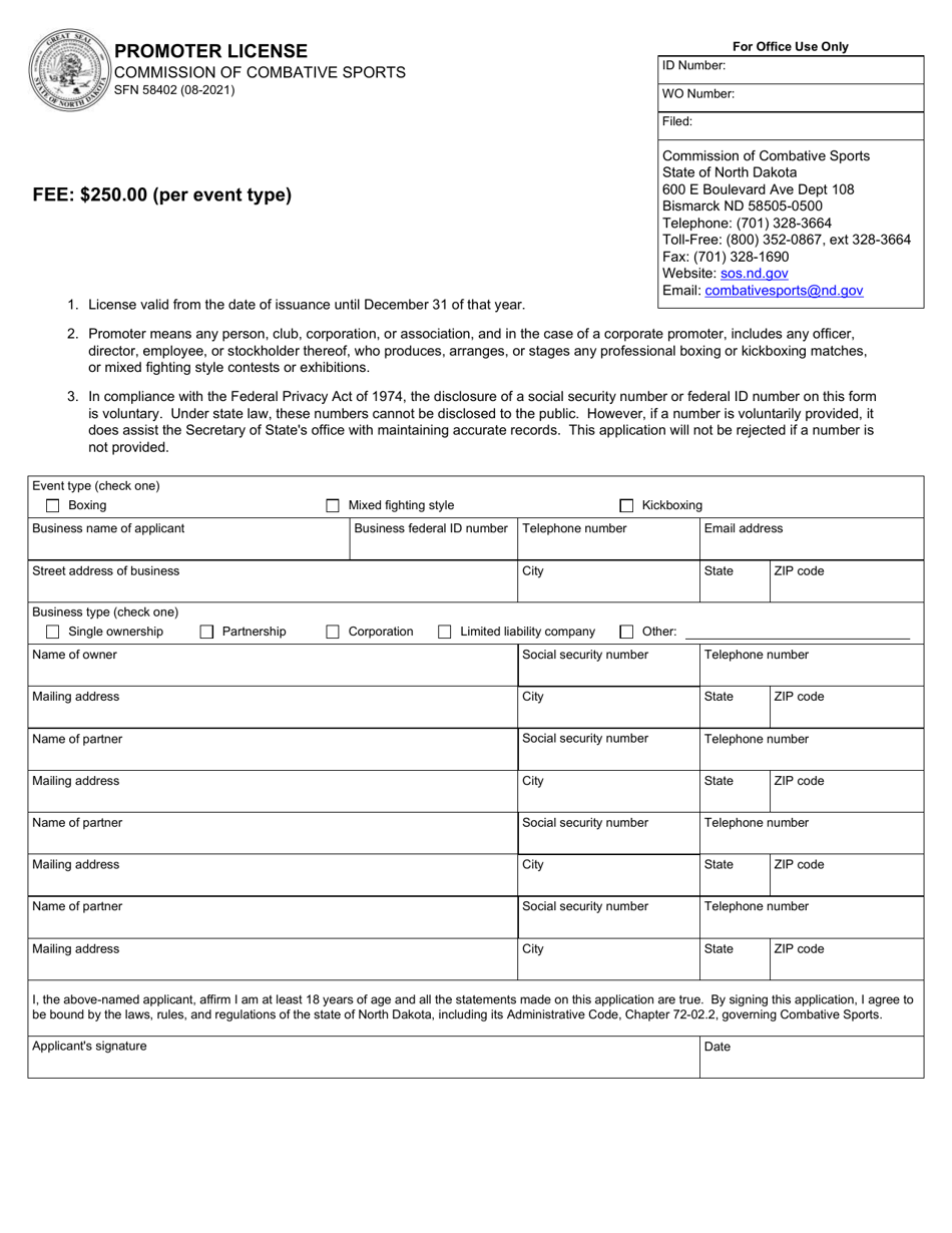 Form SFN58402 Promoter License - North Dakota, Page 1
