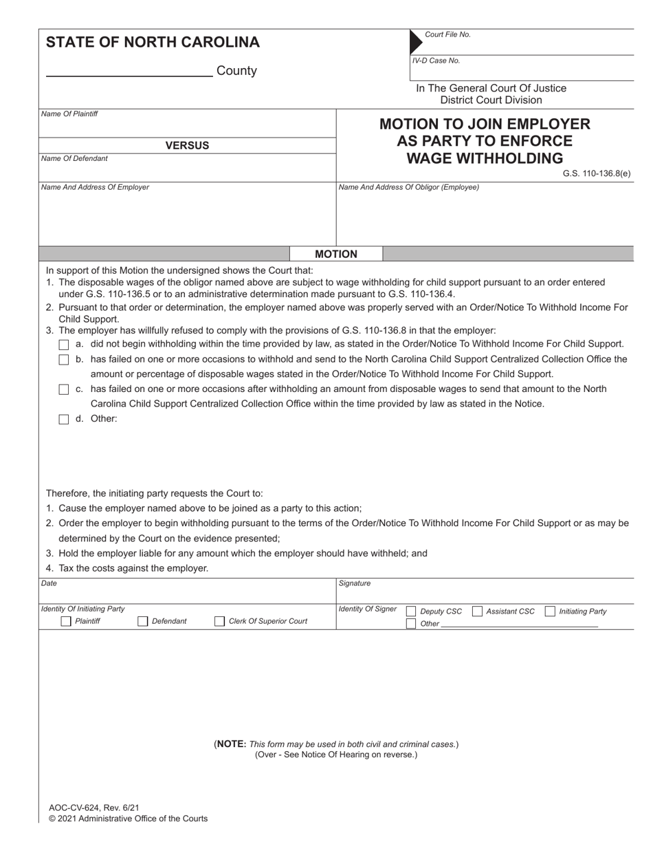 Form AOC-CV-624 Motion to Join Employer as Party to Enforce Wage Withholding - North Carolina, Page 1