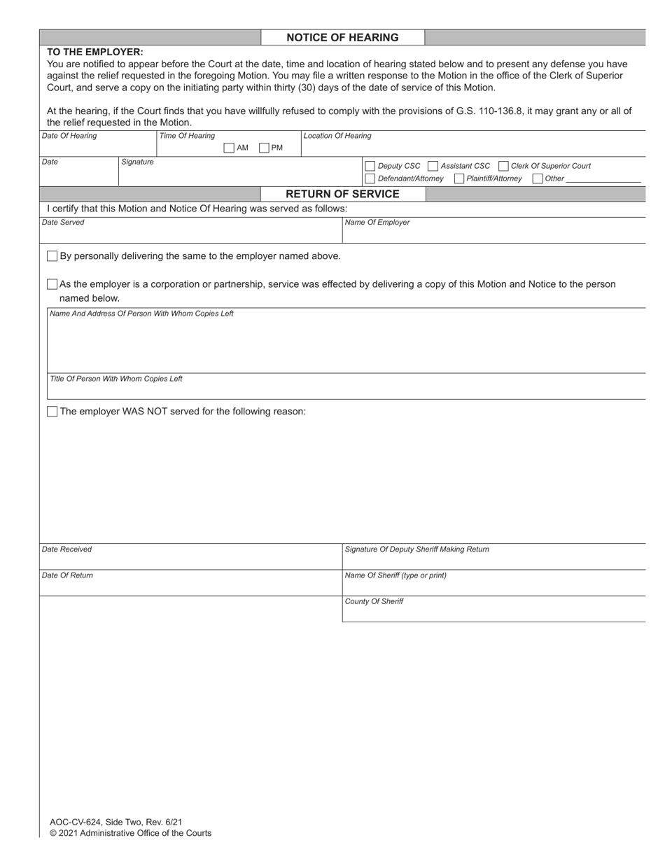 Form AOC-CV-624 Motion to Join Employer as Party to Enforce Wage Withholding - North Carolina, Page 2