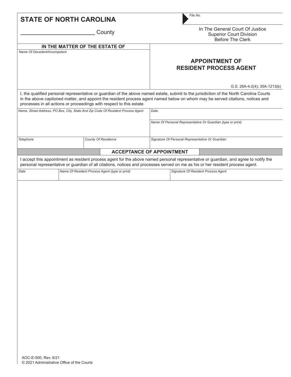 Form AOC-E-500 Appointment of Resident Process Agent - North Carolina, Page 1