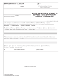 Form AOC-CV-670 Motion and Notice of Hearing to Set Aside Order of Paternity/Affidavit of Parentage - North Carolina
