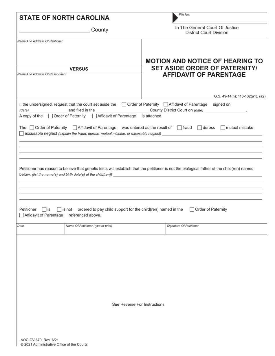 Form AOC-CV-670 Motion and Notice of Hearing to Set Aside Order of Paternity / Affidavit of Parentage - North Carolina, Page 1
