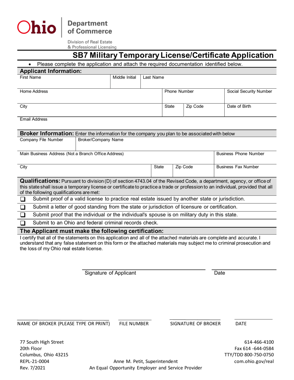 Form REPL-21-0004 Sb7 Military Temporary License / Certificate Application - Ohio, Page 1