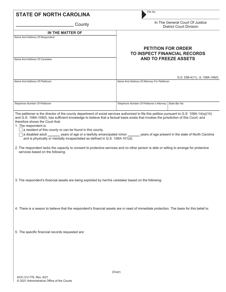 Form AOC-CV-776 Petition for Order to Inspect Financial Records and to Freeze Assets - North Carolina, Page 1