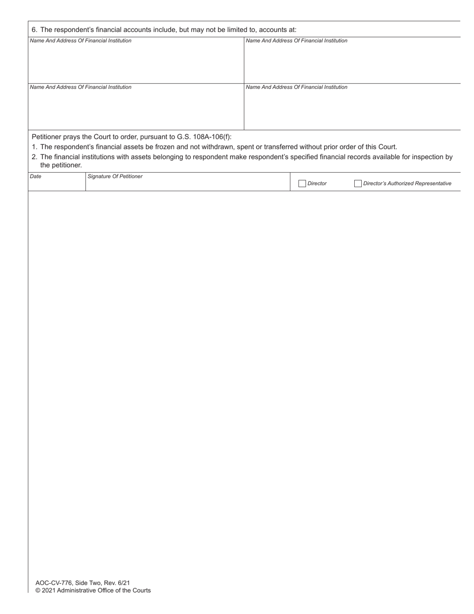 Form AOC-CV-776 Petition for Order to Inspect Financial Records and to Freeze Assets - North Carolina, Page 2