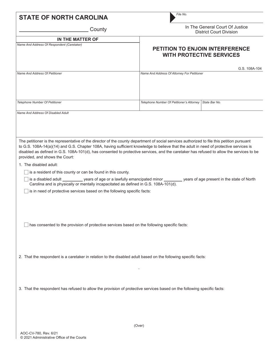 Form AOC-CV-780 Petition to Enjoin Interference With Protective Services - North Carolina, Page 1