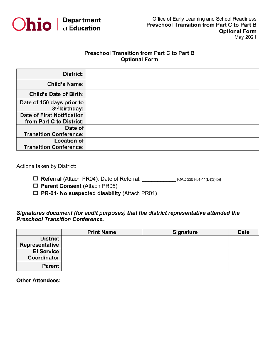 Preschool Transition From Part C to Part B Optional Form - Ohio, Page 1