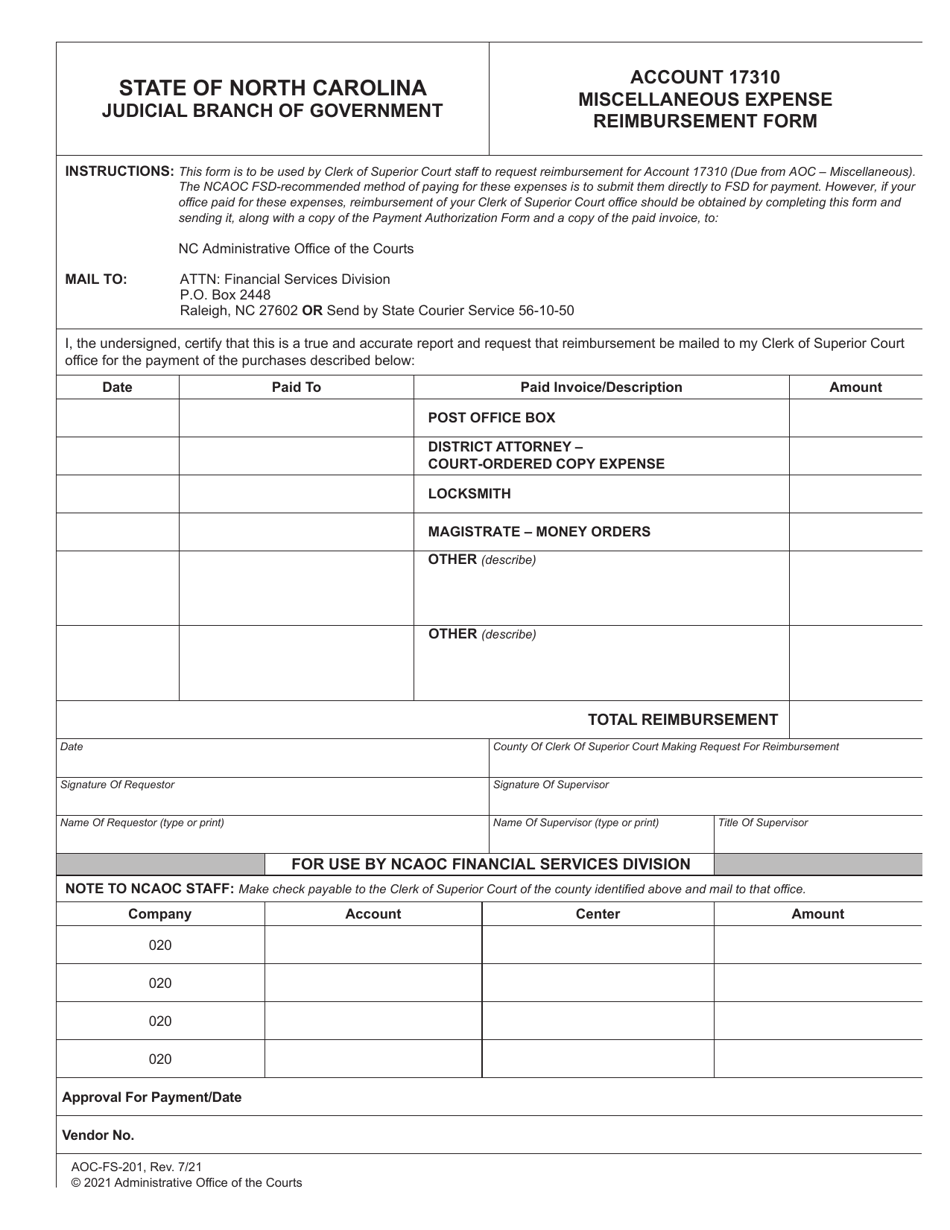 Form AOC-FS-201 Account 17310 Miscellaneous Expense Reimbursement Form - North Carolina, Page 1