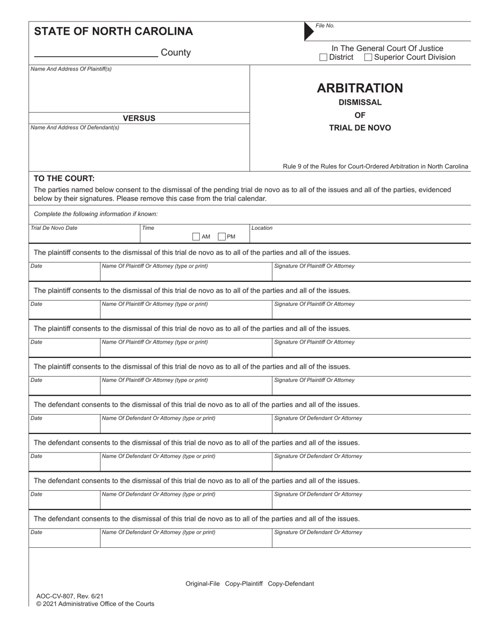 Form AOC-CV-807 Arbitration Dismissal of Trial De Novo - North Carolina, Page 1