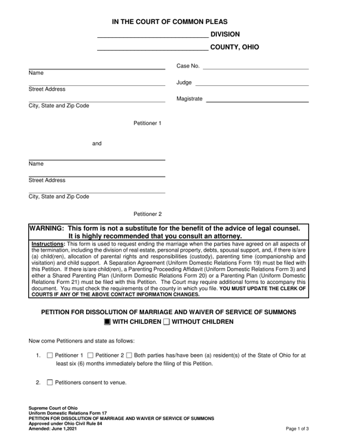Uniform Domestic Relations Form 17  Printable Pdf