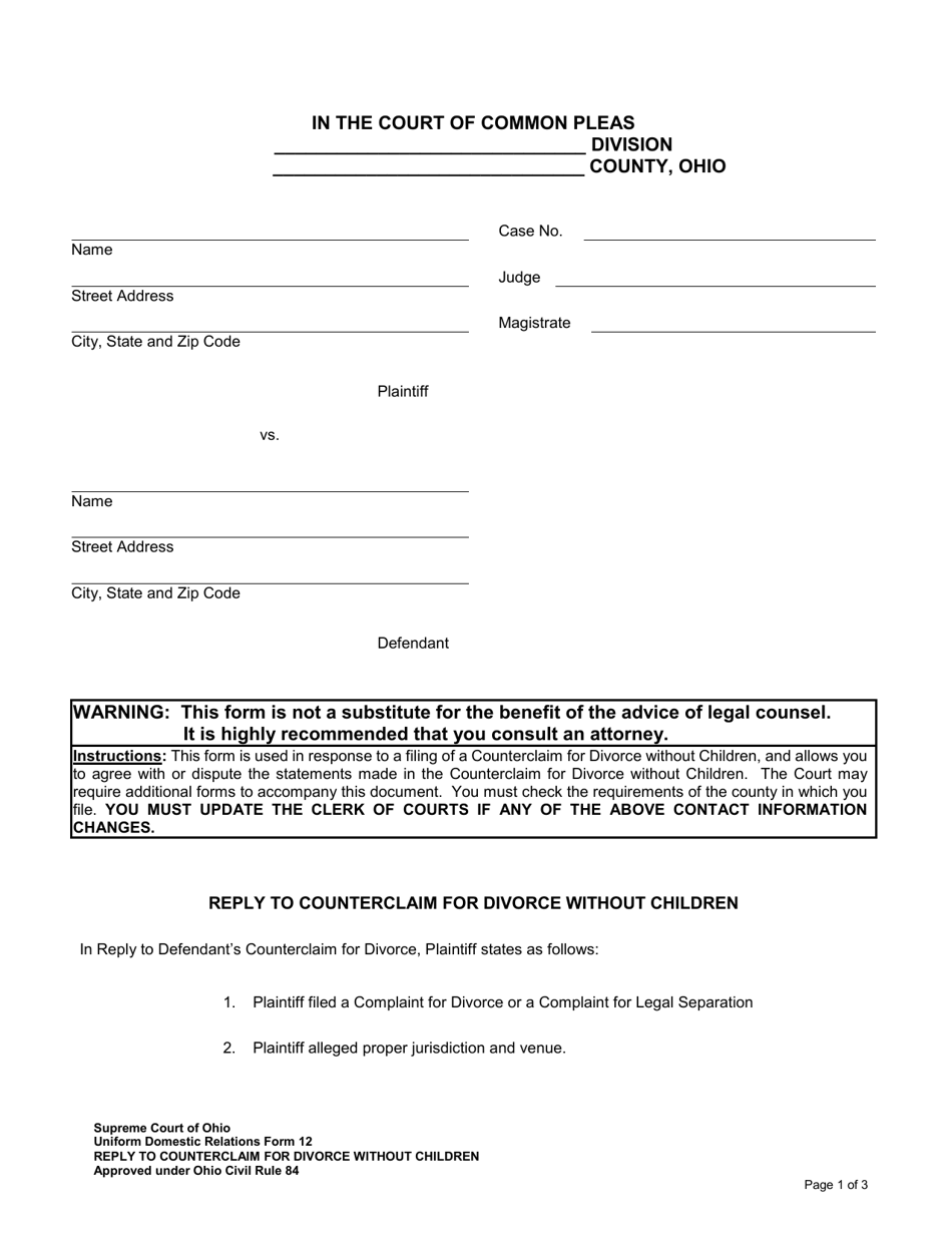 Uniform Domestic Relations Form 12 Reply to Counterclaim for Divorce Without Children - Ohio, Page 1