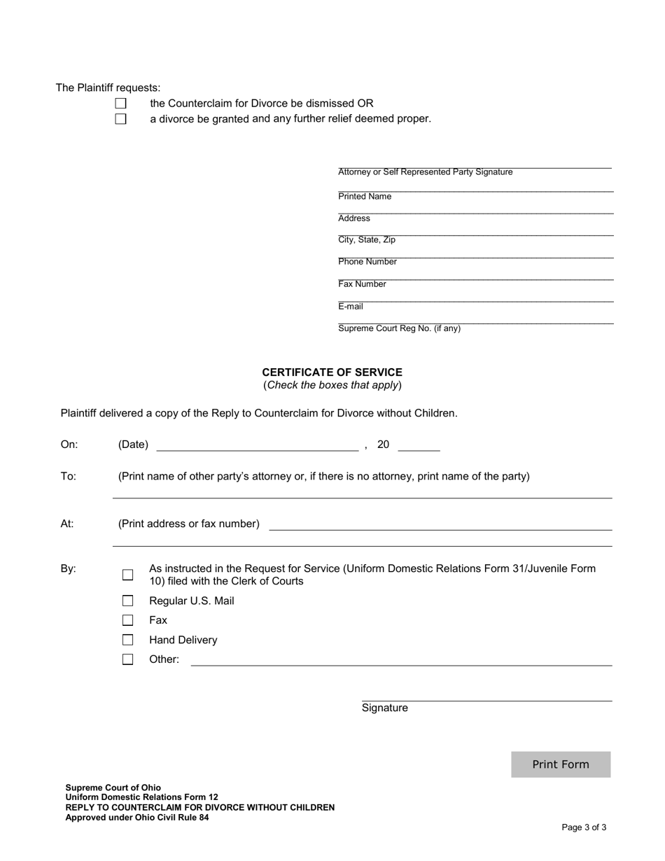Uniform Domestic Relations Form 12 Reply to Counterclaim for Divorce Without Children - Ohio, Page 3