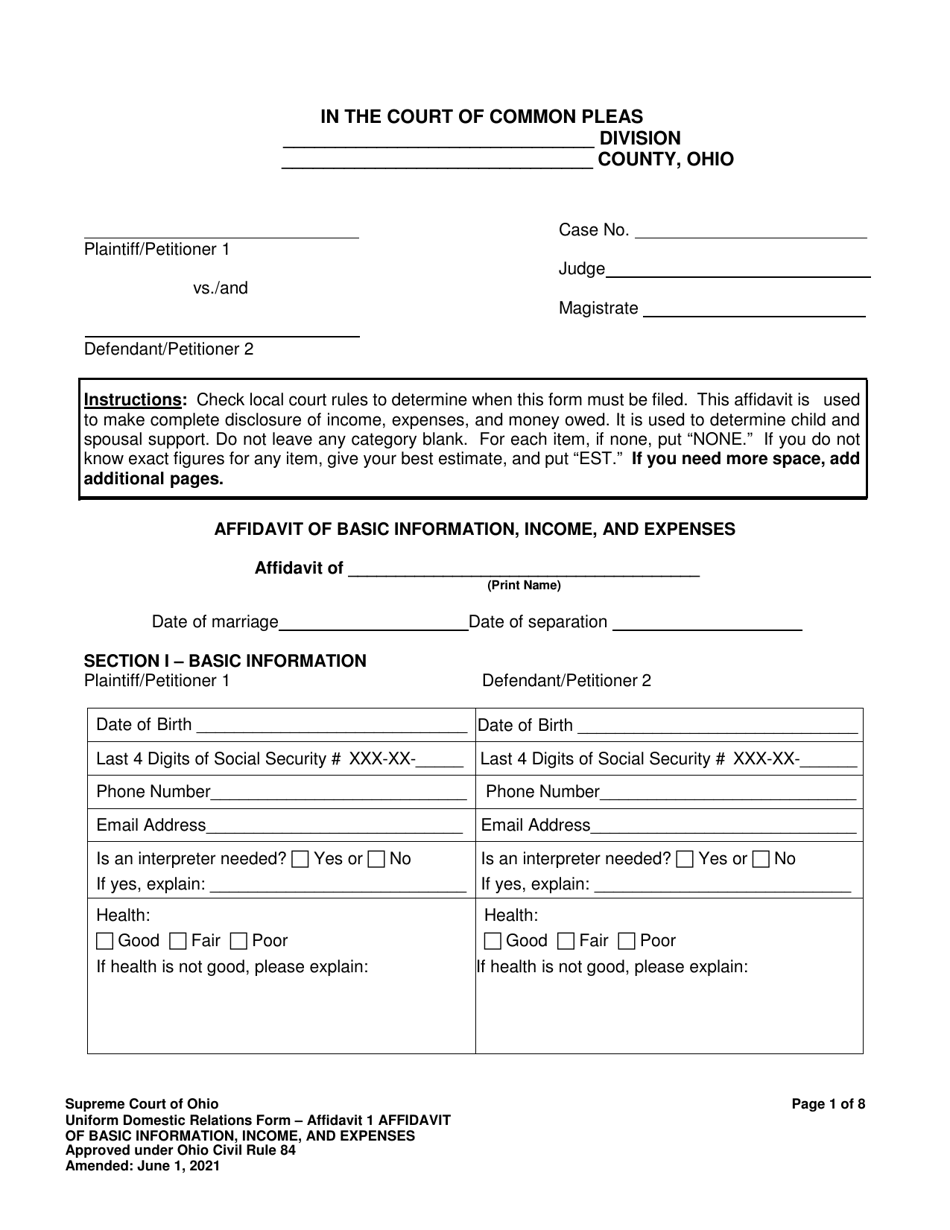Affidavit 1 Affidavit of Basic Information, Income, and Expenses - Ohio, Page 1
