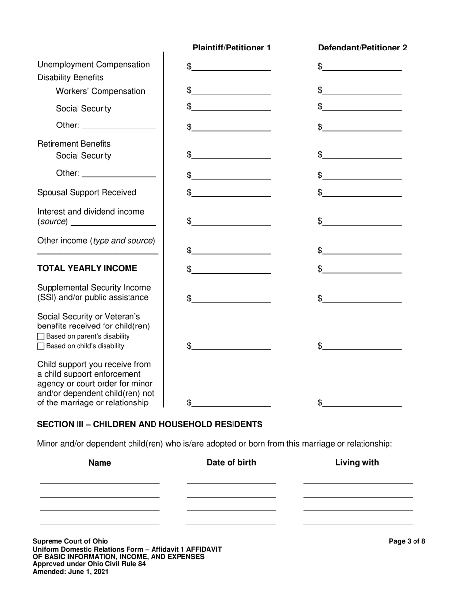 Affidavit 1 Affidavit of Basic Information, Income, and Expenses - Ohio, Page 3