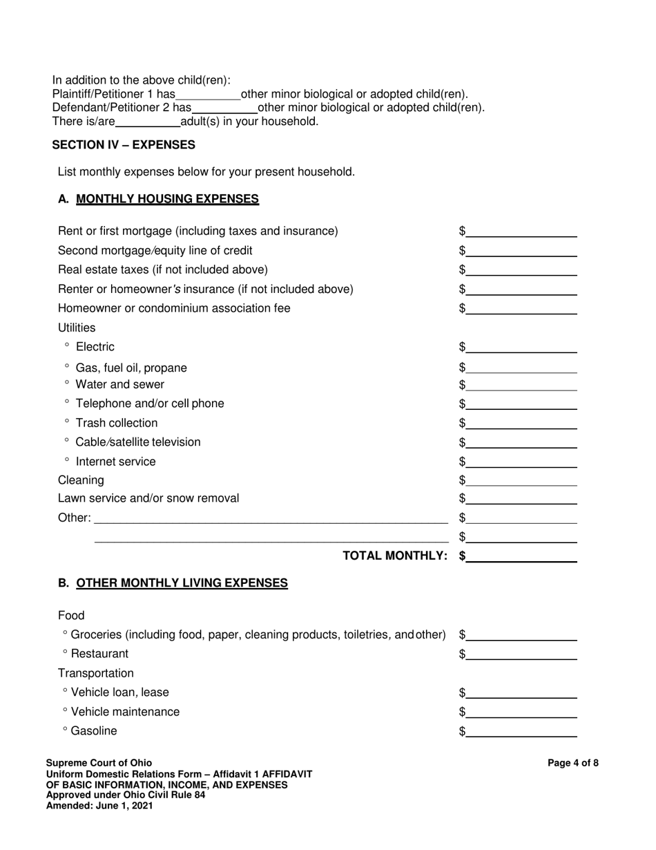 Affidavit 1 Affidavit of Basic Information, Income, and Expenses - Ohio, Page 4
