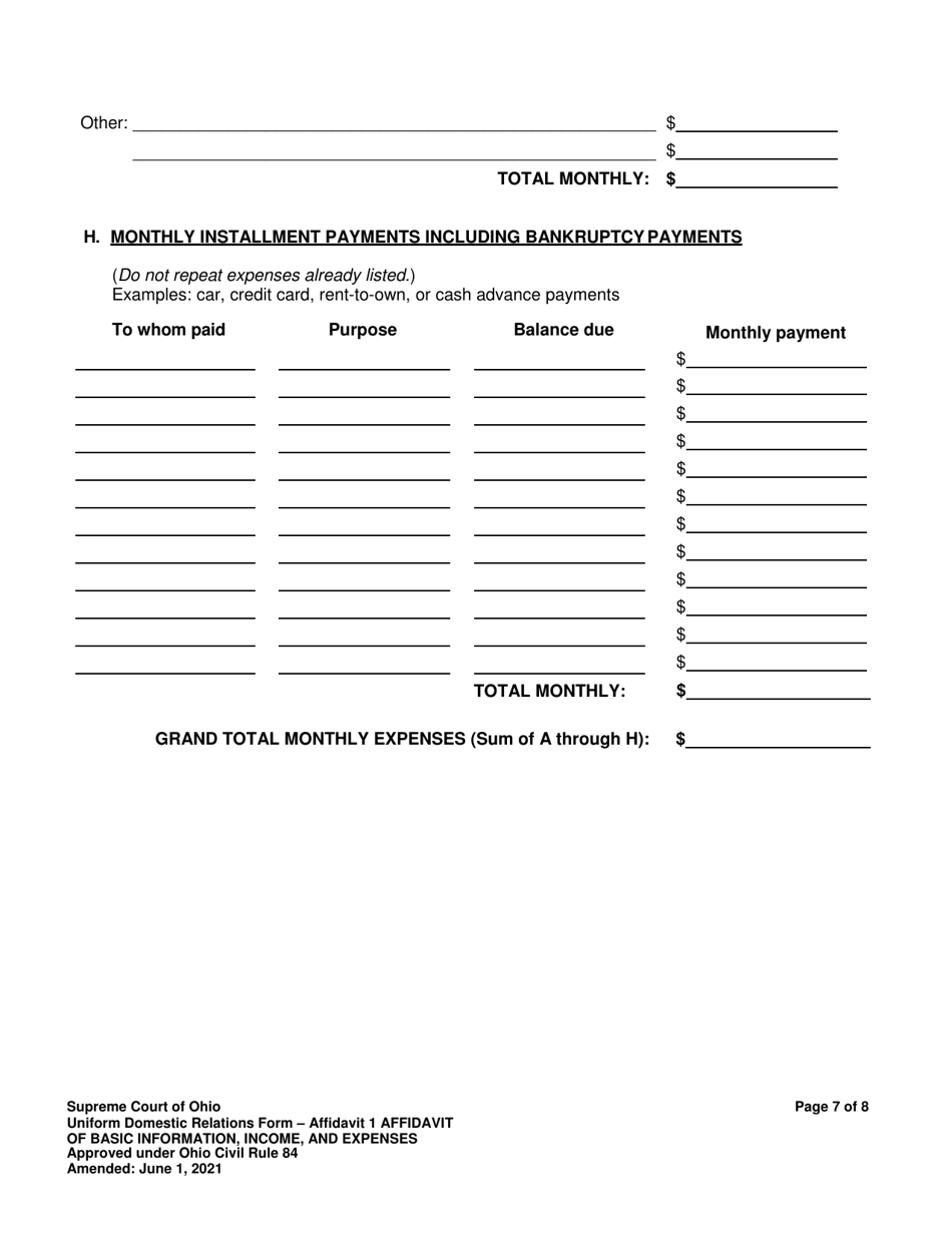 Affidavit 1 Affidavit of Basic Information, Income, and Expenses - Ohio, Page 7