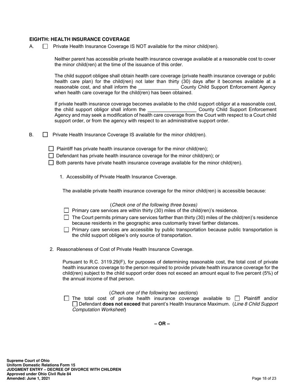 Uniform Domestic Relations Form 15 Judgment Entry - Decree of Divorce With Children - Ohio, Page 18