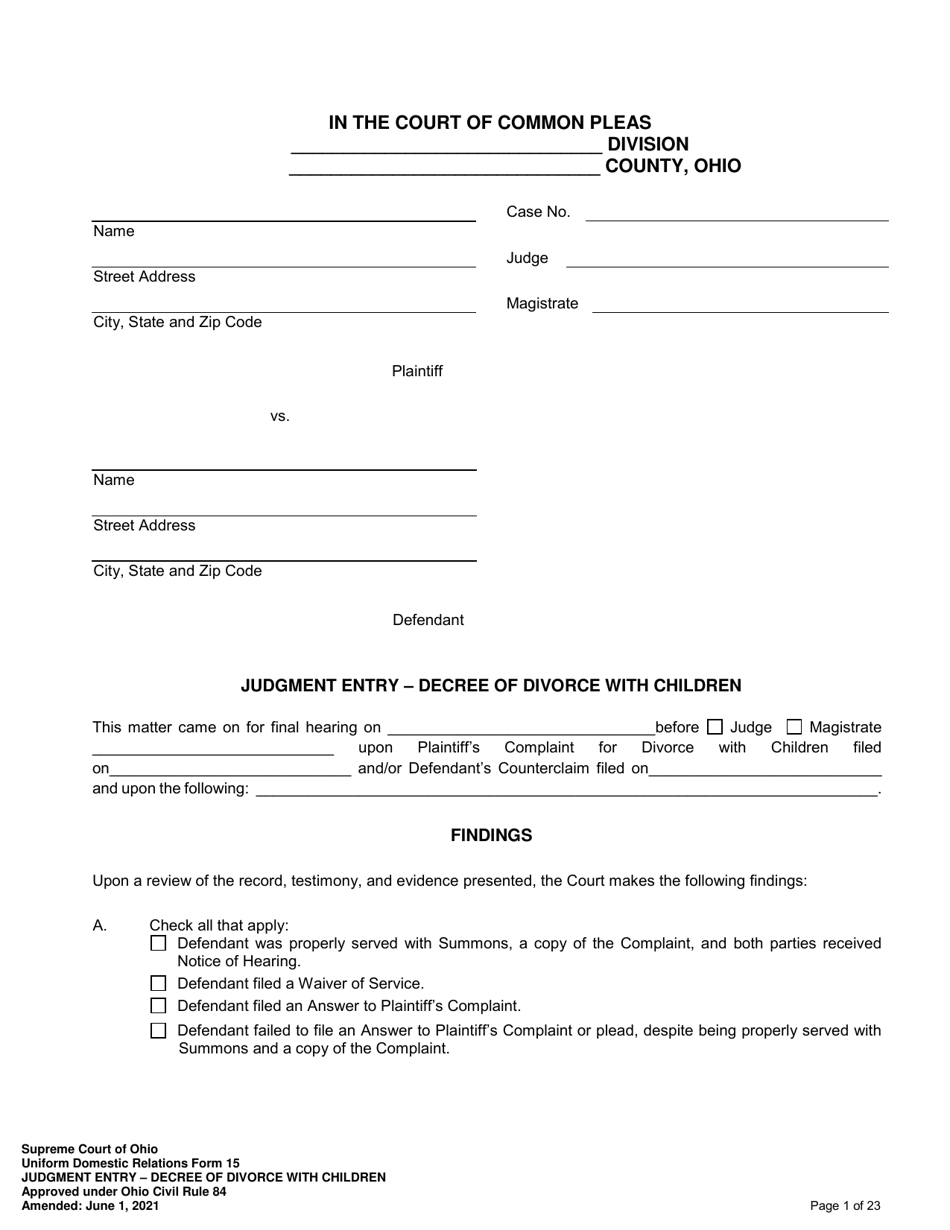 Uniform Domestic Relations Form 15 Judgment Entry - Decree of Divorce With Children - Ohio, Page 1