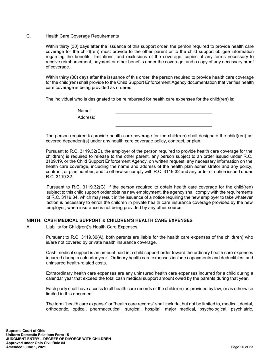Uniform Domestic Relations Form 15 Judgment Entry - Decree of Divorce With Children - Ohio, Page 20