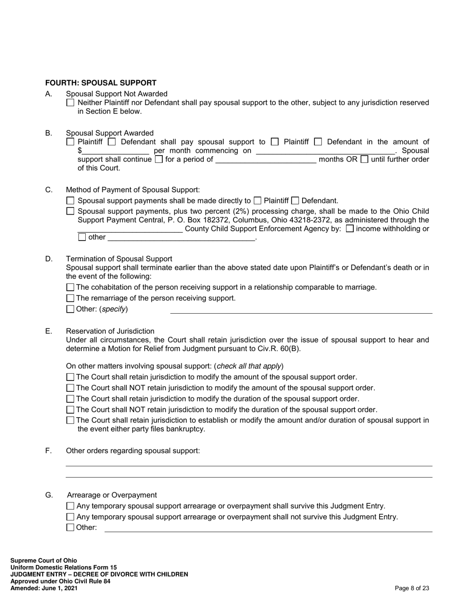 Uniform Domestic Relations Form 15 Judgment Entry - Decree of Divorce With Children - Ohio, Page 8