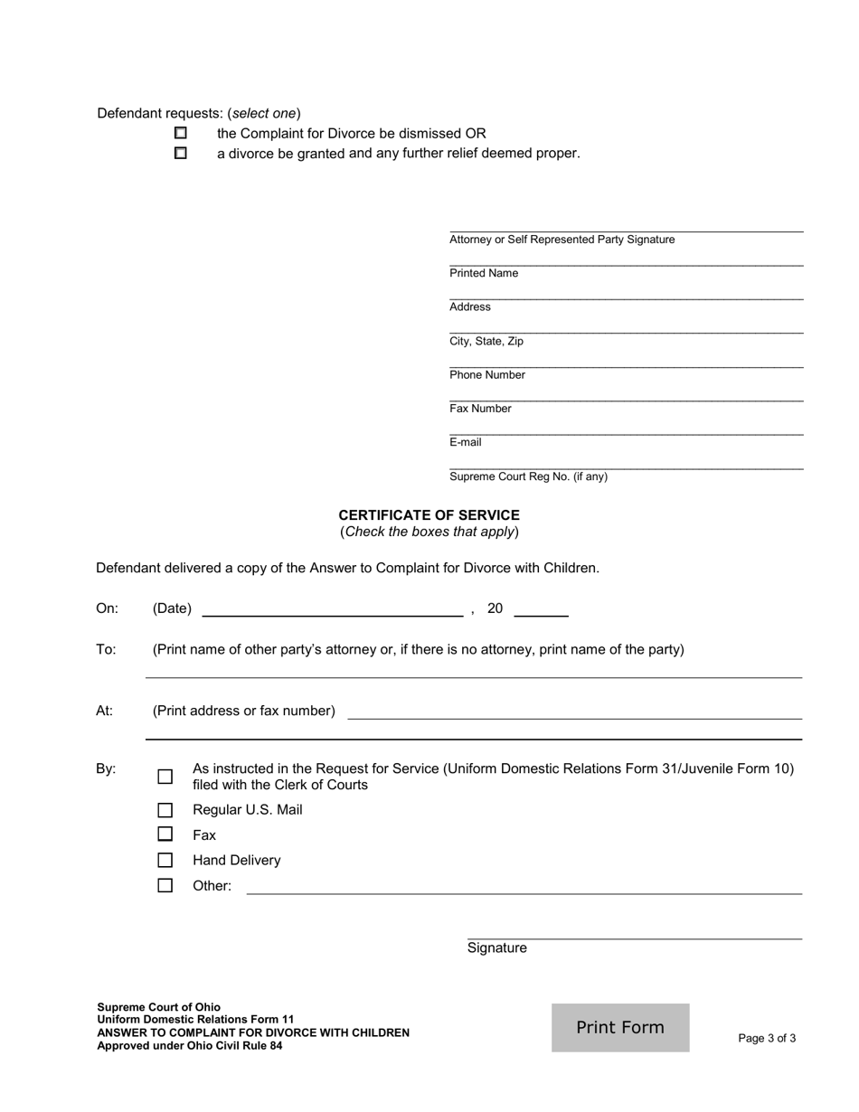 Uniform Domestic Relations Form 11 Answer to Complaint for Divorce With Children - Ohio, Page 3