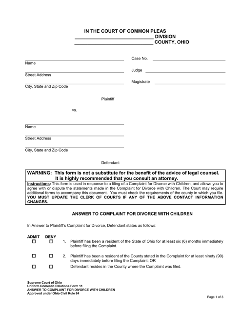 Uniform Domestic Relations Form 11  Printable Pdf