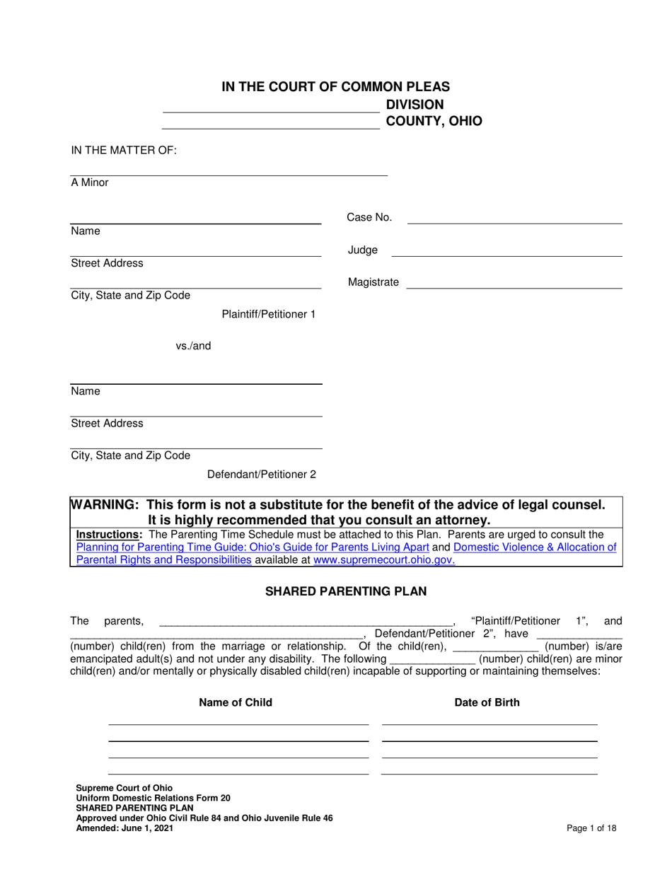 Uniform Domestic Relations Form 20 Shared Parenting Plan - Ohio, Page 1