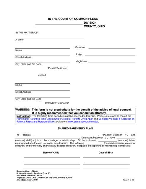 Uniform Domestic Relations Form 20  Printable Pdf