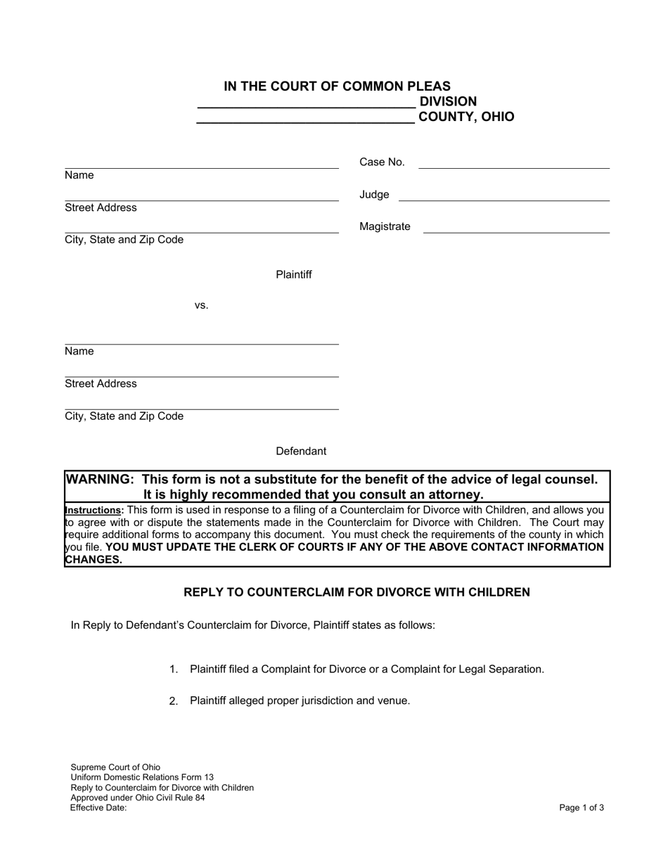 Uniform Domestic Relations Form 13 Reply to Counterclaim for Divorce With Children - Ohio, Page 1