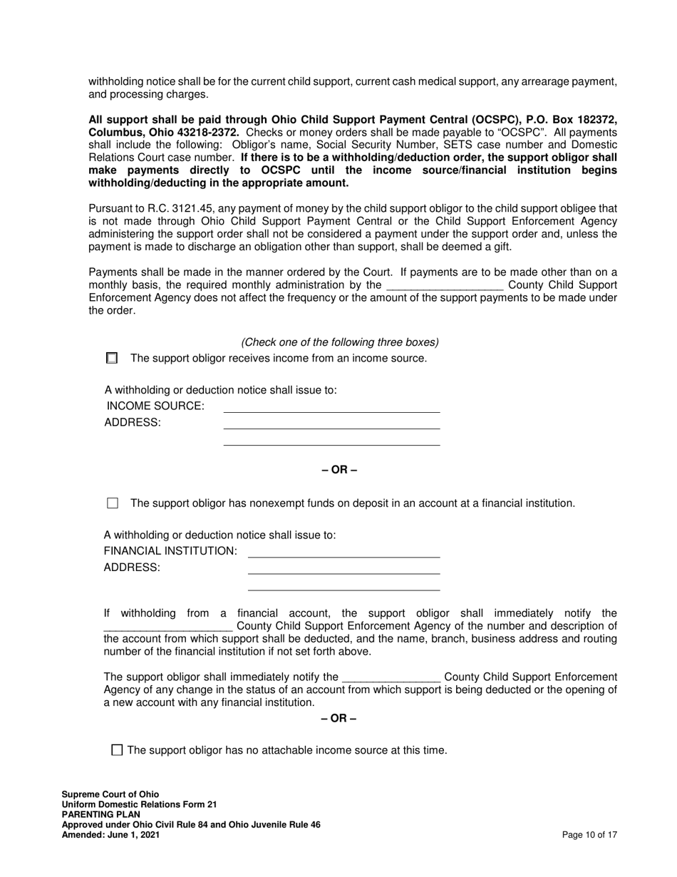 Uniform Domestic Relations Form 21 Parenting Plan - Ohio, Page 10