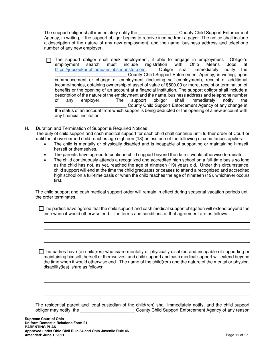 Uniform Domestic Relations Form 21 Parenting Plan - Ohio, Page 11
